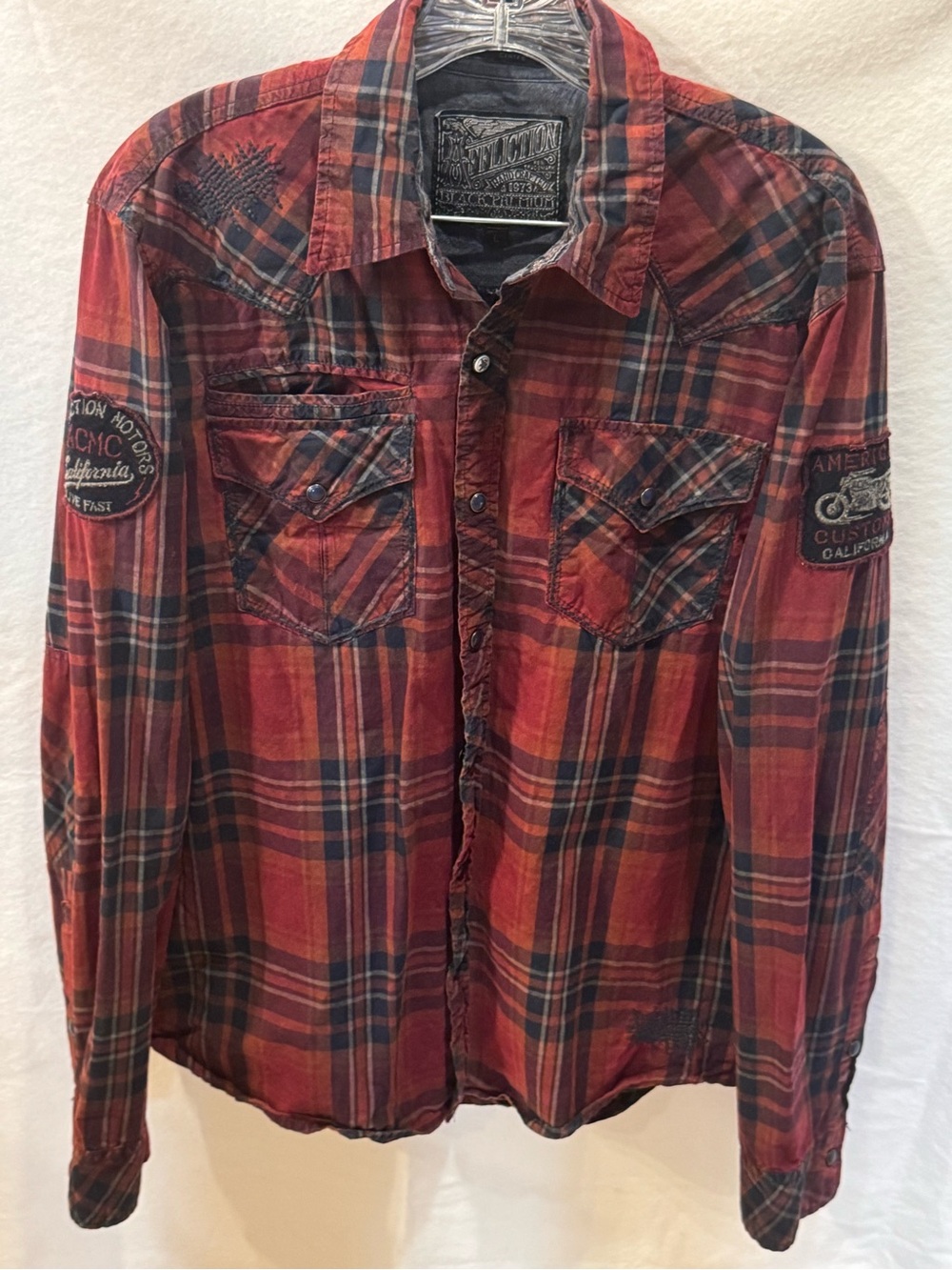 Affliction Black premium Men's Red Plaid Button-Up Shirt -embroidered